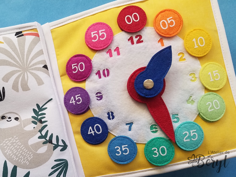 L'Atelier de Béryl - Quiet book personnalisé - Page Horloge - colorée apprendre à lire l'heure montessori enfants